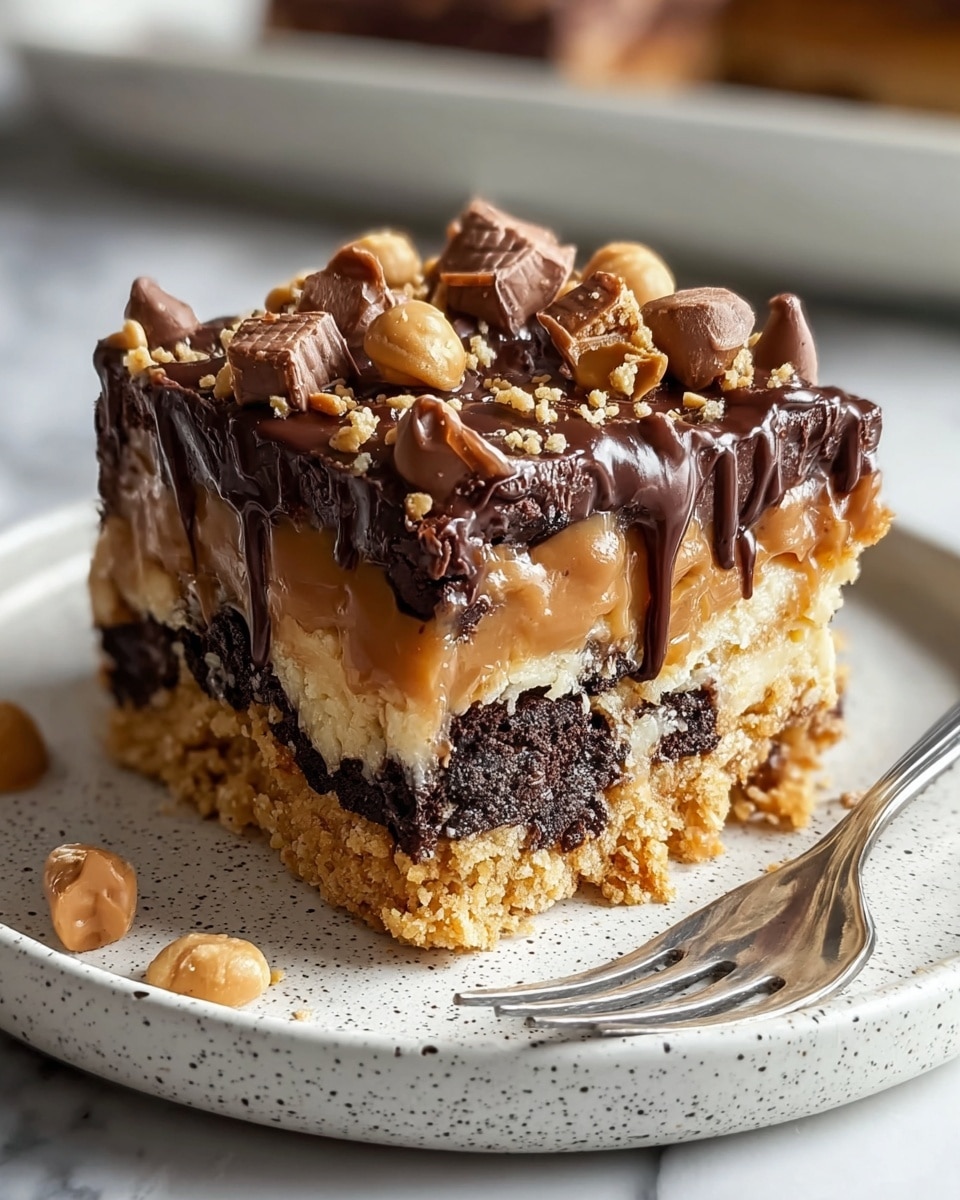 A thick square dessert bar sits on a white speckled plate with a silver fork on the side, resting on a white marbled surface. The bottom layer is crumbly and golden brown, resembling a cookie or shortbread base. Above this is a chewy textured layer mixed with dark chunks, likely chocolate or cookie pieces. The middle layer is smooth and light caramel colored, creamy in texture. The top layer is dark glossy chocolate dripping slightly over the edges of the bar, decorated with scattered peanut butter chips, crushed peanut clusters, and chunks of milk chocolate pieces. Photo taken with an iphone --ar 4:5 --v 7