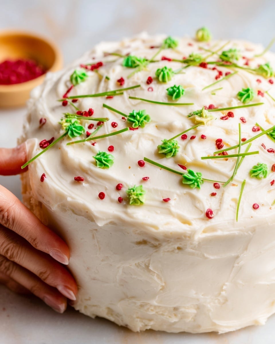 The image shows a close-up of the top of a round cake covered with thick, creamy white frosting that has a smooth and slightly swirled texture. On the frosting, there are small bright red round sprinkles, tiny green sprinkles, and small green holly leaf-shaped decorations evenly scattered across the surface. The cake sits on a white marbled surface with part of a brown egg visible at the bottom left corner. The photo taken with an iphone --ar 4:5 --v 7