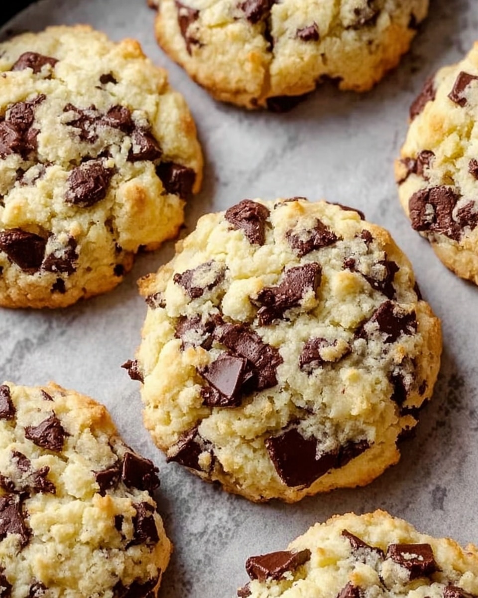 A close-up view of several freshly baked chocolate chip cookies on a baking tray lined with parchment paper. Each cookie has a rough, uneven surface with golden-brown edges and a fluffy, crumbly texture. The dough is pale yellow with dark brown and slightly melted chocolate chips scattered generously throughout each cookie's top and sides. The cookies look thick and soft in the middle, giving a home-baked, inviting feel. The background is a white marbled texture. photo taken with an iphone --ar 4:5 --v 7
