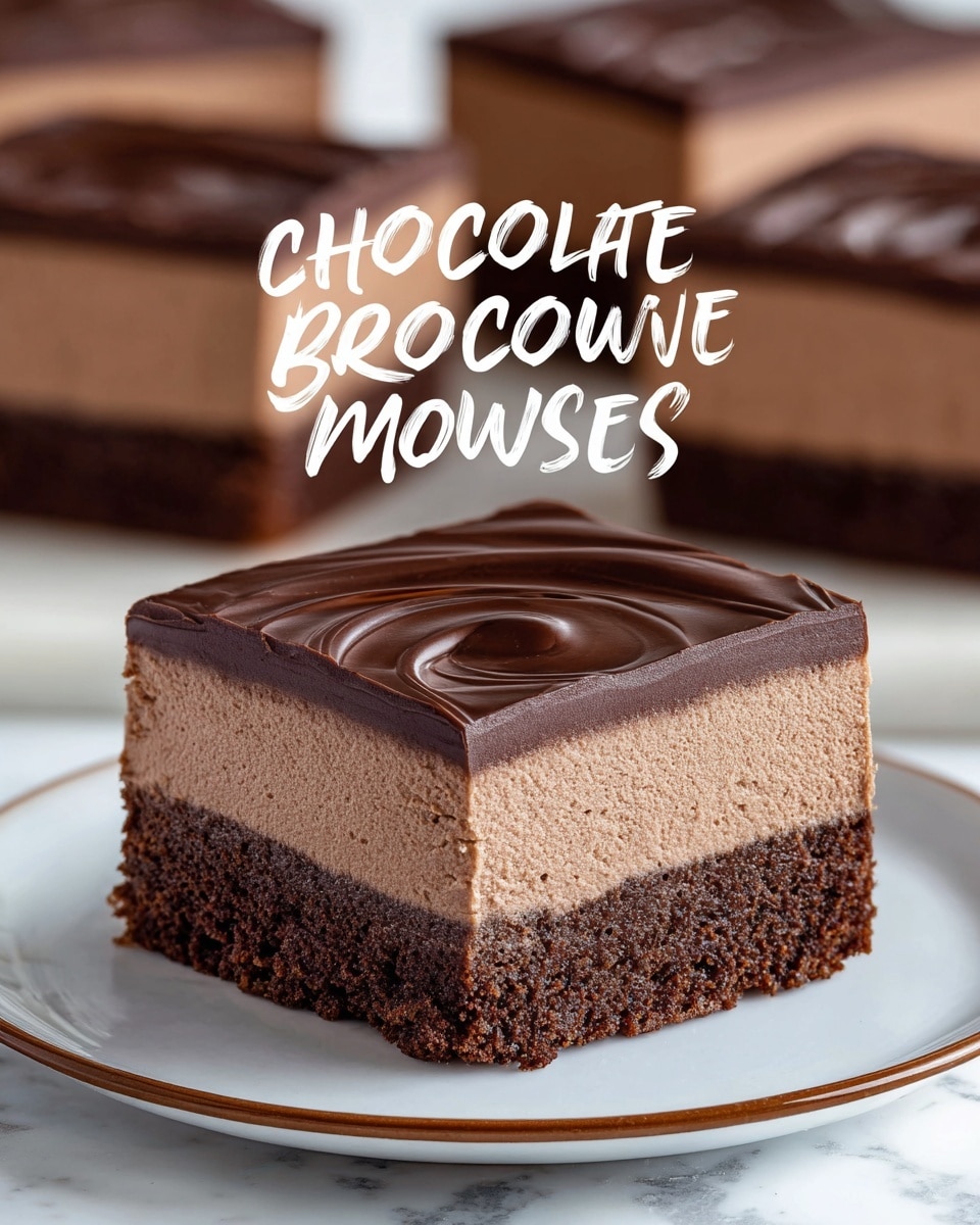A square-shaped chocolate mousse brownie sits on a white plate with a thin brown rim, placed on a white marbled surface. The dessert has three visible layers: a dark, dense brownie base at the bottom with a slightly crumbly texture; a thick, light brown, smooth and creamy chocolate mousse middle layer with soft swirls; and a thin, glossy dark chocolate ganache top layer with a subtle swirl pattern. In the background, several more pieces are arranged on a white plate, showing consistency in the layers and textures. photo taken with an iphone --ar 4:5 --v 7