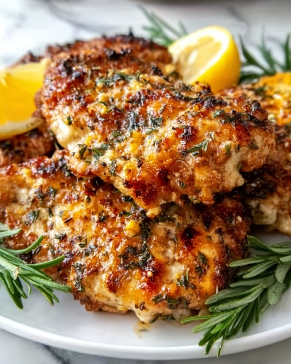 The image shows a close-up of a stack of three grilled chicken breasts on a white plate. Each chicken breast has a golden-brown color with visible grill marks and is covered in a mix of finely chopped green herbs and melted cheese that create a slightly textured, crispy top layer. Small bits of garlic and seasoning add more detail on the surface. Around the plate, there are bright yellow lemon wedges and sprigs of fresh rosemary, adding pops of color. The background is a white marbled surface, giving a clean and fresh look. Photo taken with an iphone --ar 4:5 --v 7
