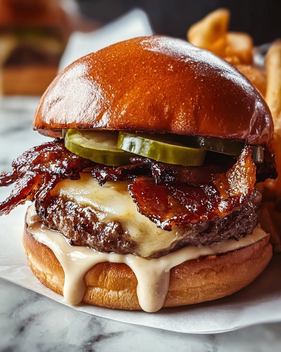 A close-up view of a burger with six visible layers starting from the bottom: a soft, shiny light brown bottom bun with creamy sauce dripping over the edges; three green pickles placed on top of the sauce; a thick grilled beef patty with visible char marks; a layer of melted pale yellow cheese covering the patty; a generous amount of crispy, dark brown bacon strips on top of the cheese; and a glossy, light golden brown top bun with a slightly shiny surface. The burger is placed on white parchment paper with some golden crispy fries visible at the back and side, all set on a white marbled surface. photo taken with an iphone --ar 4:5 --v 7