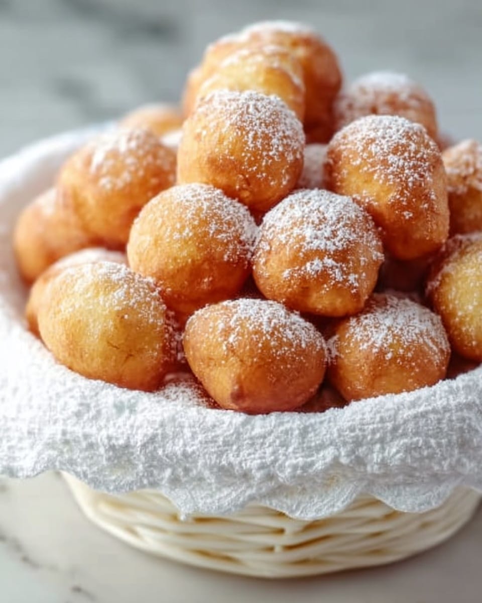 A white basket filled with many small round golden-brown fried dough balls that have a slightly rough texture; the dough balls are dusted lightly with powdered sugar on top, giving a soft white contrast to the warm color of the dough; the basket is placed on a white marbled surface; the scene is close-up, focusing on the texture and color of the dough balls; photo taken with an iphone --ar 4:5 --v 7