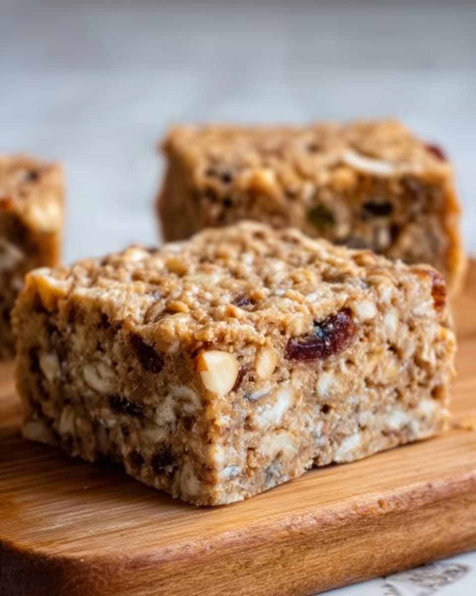 The image shows a close-up of two square nut bars placed side by side on a wooden board. The bars have a rough and crumbly texture with visible chopped nuts embedded throughout. Their color is light brown with scattered darker brown and cream nut pieces, giving them a natural, homemade look. The edges are clean and slightly crumbly, showing the dense, nut-filled interior. The background is a white marbled surface. Photo taken with an iphone --ar 4:5 --v 7