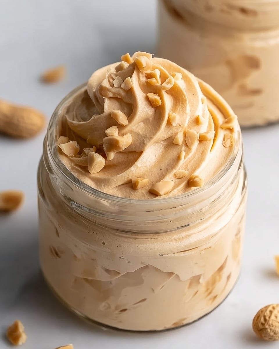 The image shows a close-up of a clear glass jar filled with creamy peanut butter mousse, light tan in color with a smooth and fluffy texture. The mousse is swirled into soft peaks inside the jar, topped with small chopped peanut pieces scattered on the surface. The jar sits on a white marbled background, with part of another jar blurred in the back and whole peanuts partially visible beside it. Photo taken with an iphone --ar 4:5 --v 7