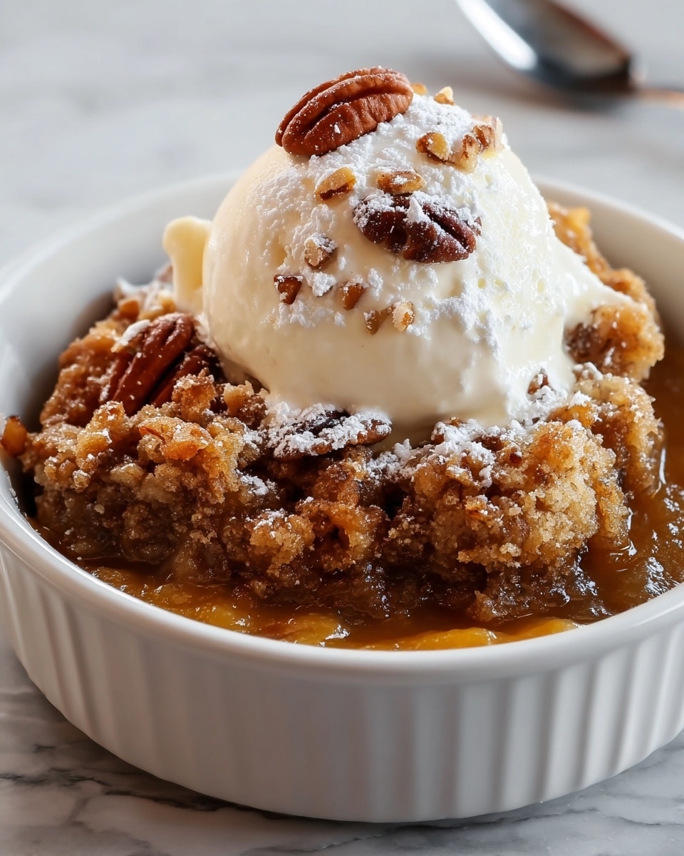 A small white bowl holds a dessert with three visible layers: the bottom layer is a soft, moist cake with a golden brown color; above it is a sticky, glossy caramel sauce mixed with crunchy pecans; on top sits a thick crumble with a light brown, crumbly texture and more pecans scattered throughout. The dessert is finished with a scoop of smooth, white vanilla ice cream dusted lightly with powdered sugar, creating a soft contrast to the warm colors below. The setup is on a white marbled textured surface. photo taken with an iphone --ar 4:5 --v 7
