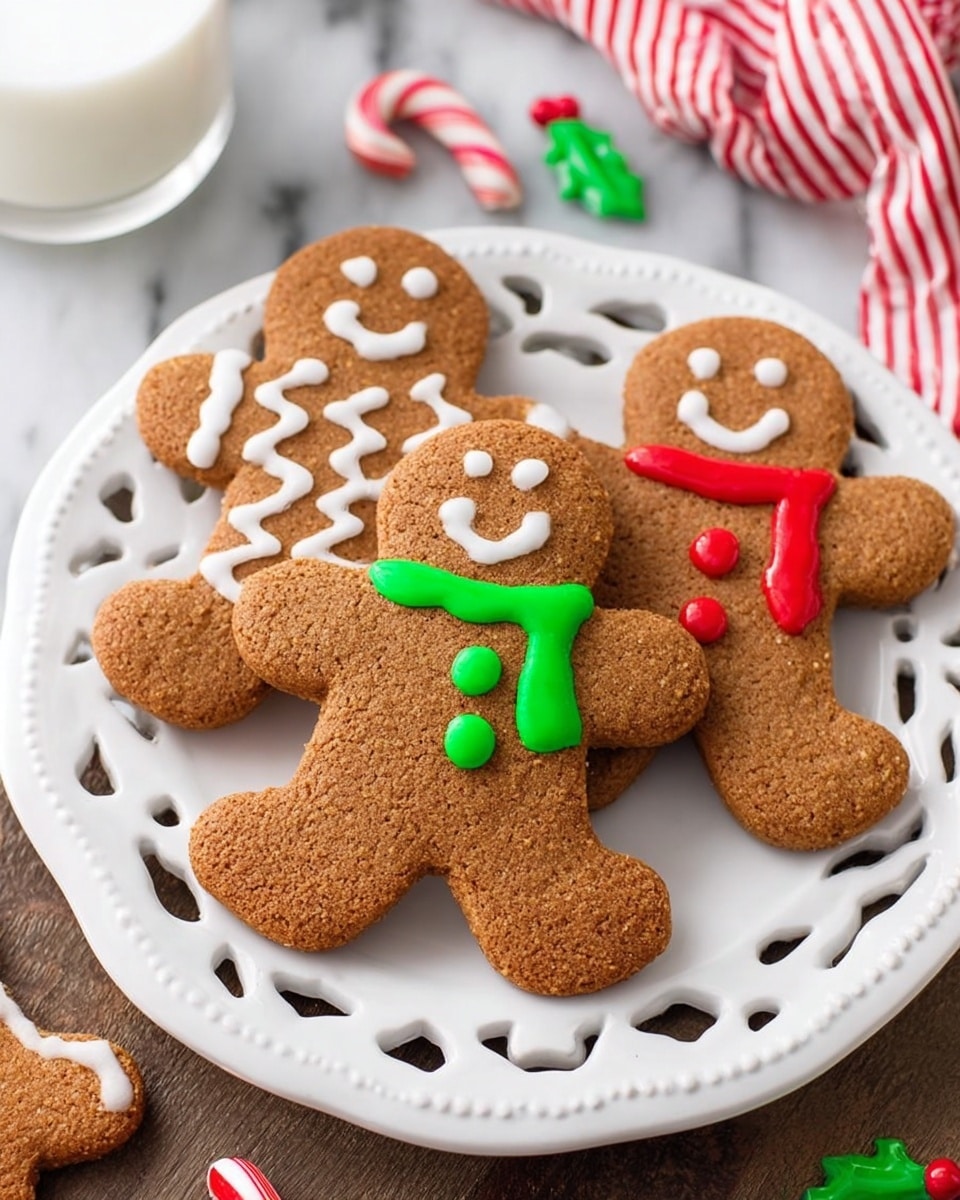 The image shows four gingerbread cookies shaped like people sitting on a white plate with a decorative cutout pattern. Each cookie has a light brown, slightly rough texture. The cookie in front wears a bright green icing scarf with three white icing buttons, two eyes, and a smile. Behind it, one cookie wears a white icing zigzag pattern across the chest and three white buttons with eyes and a smile. Another cookie to the right has a red icing scarf with white buttons, eyes, and a smile. The last cookie behind them is decorated with white icing eyes, mouth, and buttons. The setting includes a white marbled surface, with red and white striped candy canes and small green holly-shaped candies scattered nearby, and part of a glass of milk is visible in the upper left corner. photo taken with an iphone --ar 4:5 --v 7