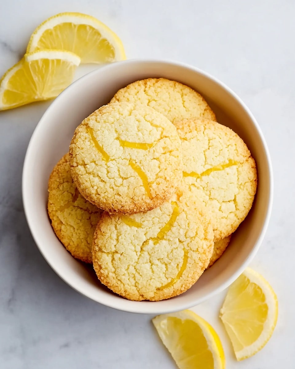 A white bowl holds six round lemon cookies, showing a golden-yellow color with a slightly crispy texture on the edges and a softer, cracked surface in the center. Layered loosely inside are three lemon wedges, bright yellow with white rinds, peeking out between the cookies. The bowl sits on a white marbled surface with two extra lemon wedges arranged nearby, adding a fresh, citrus look to the scene. Photo taken with an iphone --ar 4:5 --v 7