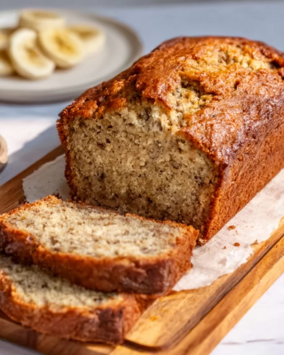 A loaf of banana bread with a golden brown crust sits on a wooden cutting board on a white marbled surface. The bread has a soft, moist texture inside with visible bits of banana and darker specks evenly spread throughout. Two thick slices are cut and laid flat in front of the loaf, showing the tender and slightly crumbly inside. The edges of the bread are darker and slightly crunchy. Photo taken with an iphone --ar 4:5 --v 7