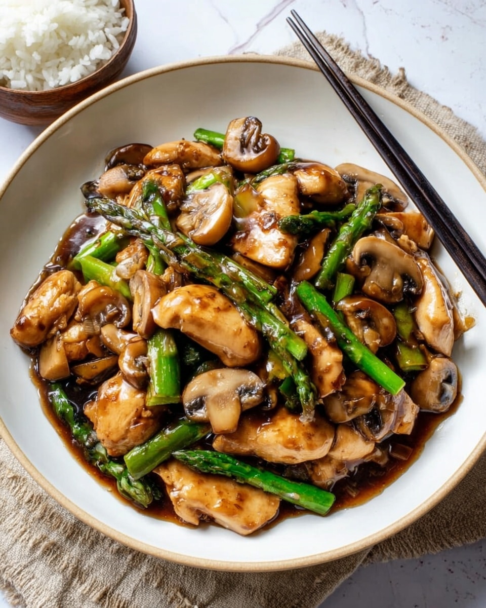 A white bowl filled with a glossy stir-fry dish of several thick, light brown chicken pieces mixed with sliced mushrooms, their smooth light beige insides and brown edges visible, and bright green asparagus segments, all coated in a shiny dark brown sauce. The bowl sits on a beige textured cloth atop a white marbled surface, with a pair of black chopsticks resting on the right side of the bowl and a small white bowl of white rice partially visible in the upper left corner. Photo taken with an iphone --ar 4:5 --v 7