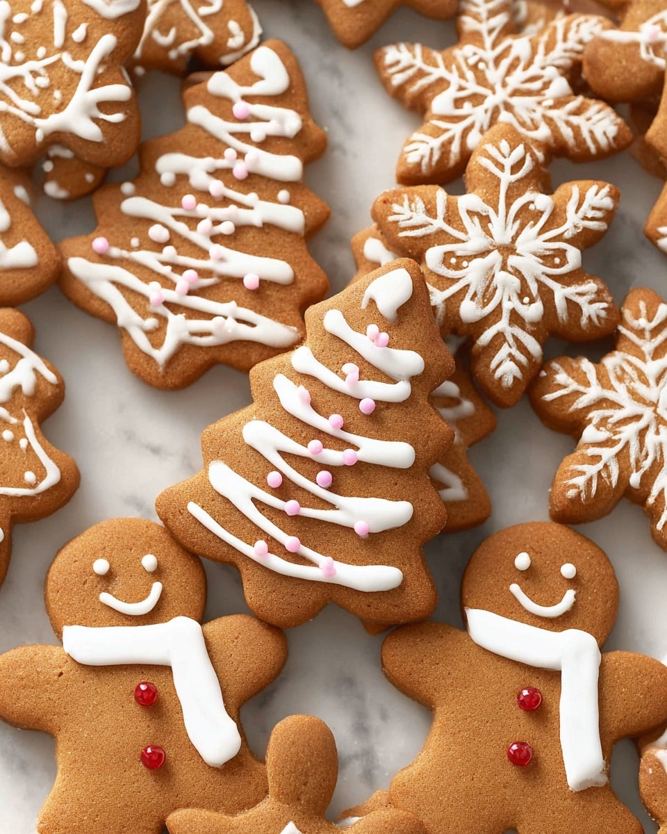 The image shows a close-up of many gingerbread cookies on a white marbled surface, shaped like Christmas trees, snowflakes, and gingerbread people. Each cookie is brown with smooth textures and decorated with white icing: some snowflakes have detailed branch patterns, the Christmas trees are wrapped in white icing lines with small pink and white round and star-shaped sprinkles, and the gingerbread people have simple smiling faces and white scarves with two small red round sprinkles. The cookies are placed overlapping, showing a cozy and festive arrangement. photo taken with an iphone --ar 4:5 --v 7