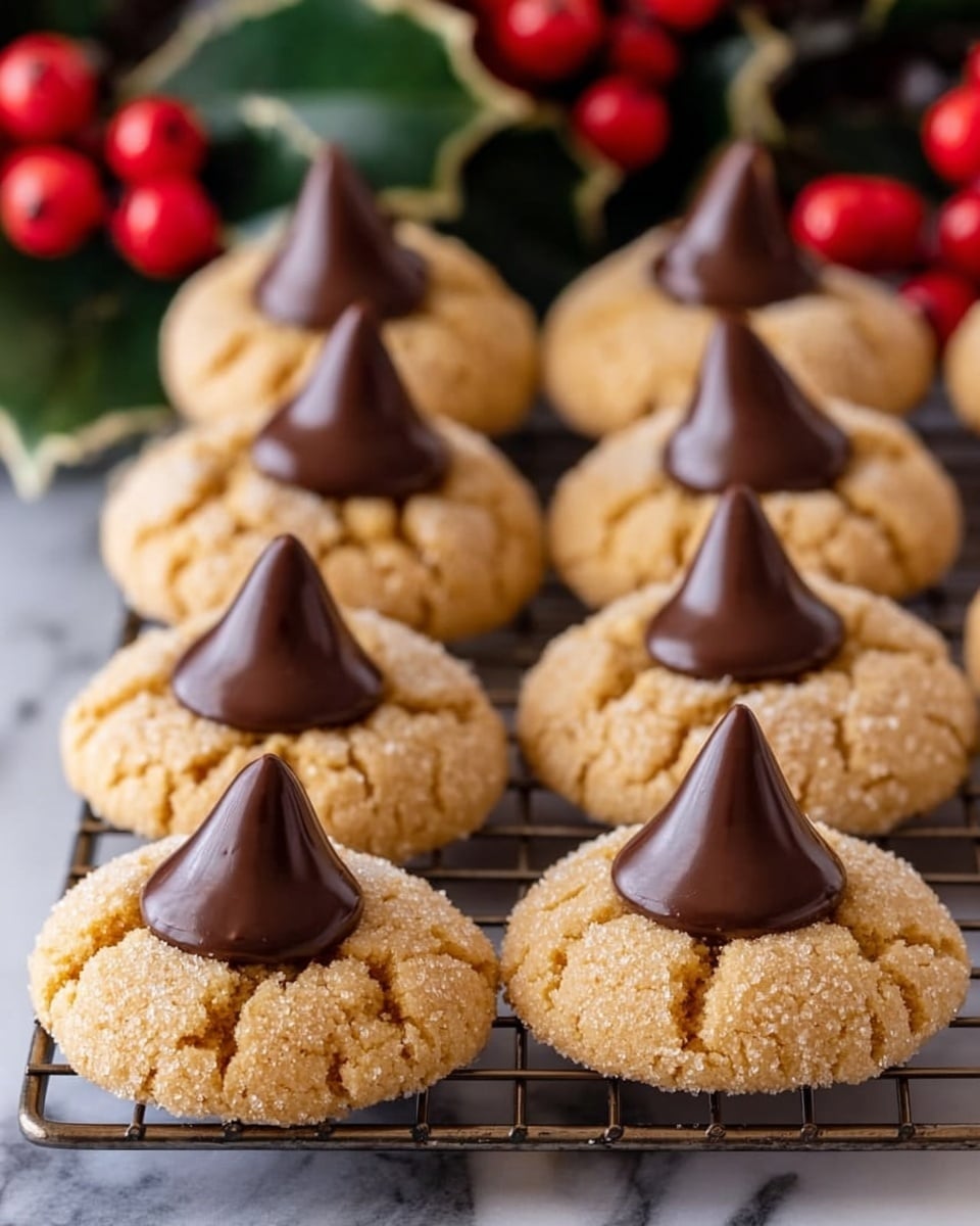 The image shows two neat rows of peanut butter cookies on a black cooling rack over a white marbled surface. Each cookie is round with a cracked light golden brown texture and covered with a layer of coarse sugar crystals. A single dark brown, shiny chocolate kiss candy is placed in the center of each cookie, slightly pressed in to create a small hollow. The background is softly blurred with hints of green leaves and red berries, adding a festive feel. photo taken with an iphone --ar 4:5 --v 7