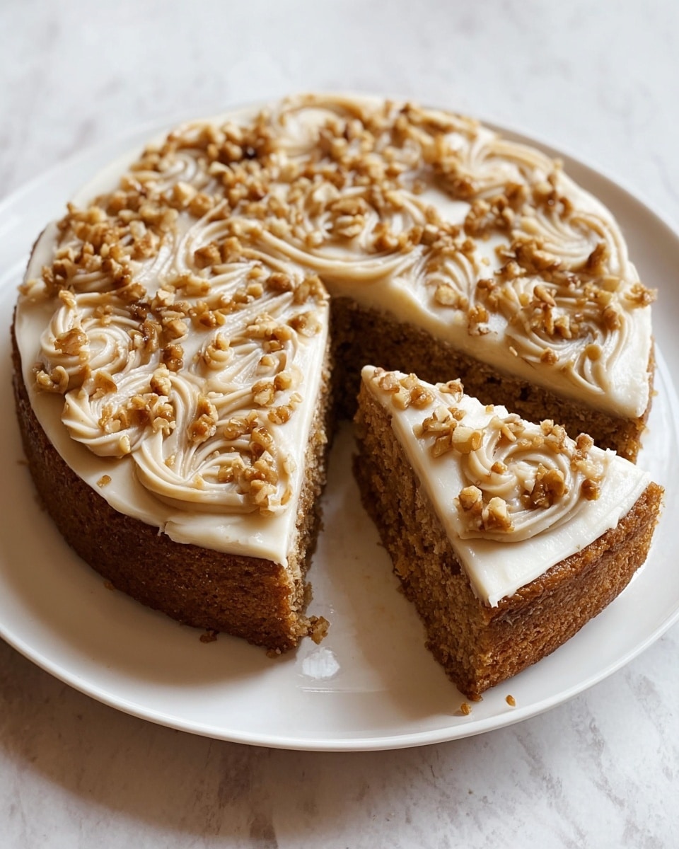 A round cake with a thick brown base layer that looks soft and moist, topped with a smooth white frosting layer. On top, there are light brown swirls and small nut pieces scattered evenly. One slice is slightly pulled out, showing the dense texture inside. The cake sits on a white plate placed on a white marbled texture. Photo taken with an iphone --ar 4:5 --v 7