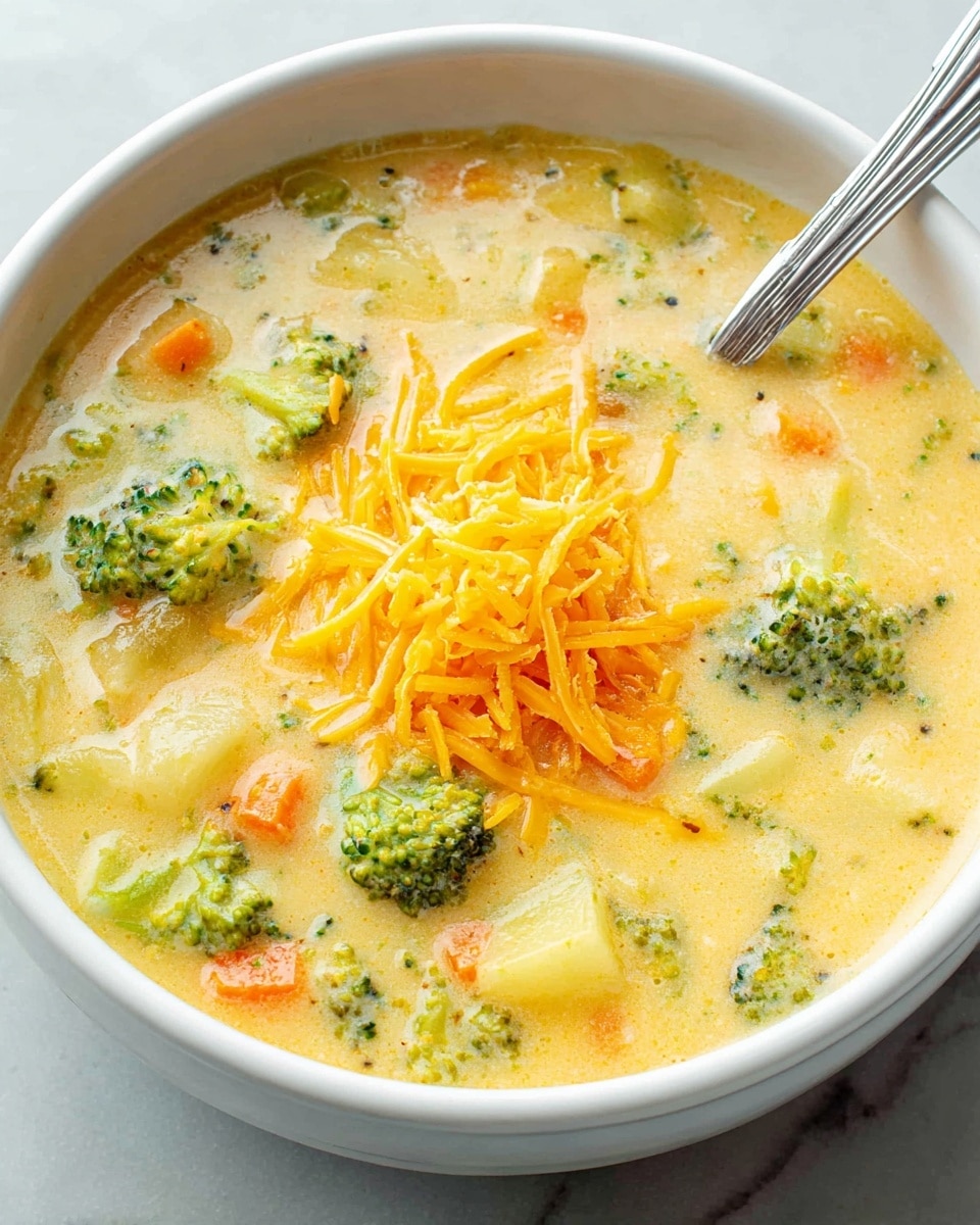 A white bowl filled with creamy soup containing visible chunks of green broccoli, orange carrot, and light yellow potato pieces. The soup has a pale yellow creamy base with a slightly thick texture. On top, there is a small pile of shredded bright orange cheddar cheese, sitting right in the middle as a garnish. A shiny metal spoon is resting inside the bowl on the right side, partially submerged in the soup. The bowl sits on a white marbled surface. photo taken with an iphone --ar 4:5 --v 7
