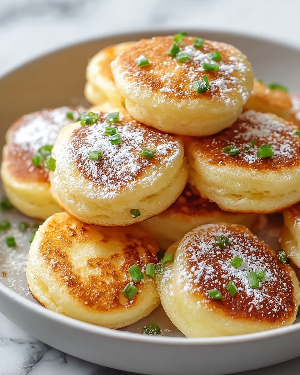 This image shows a close-up view of small, golden-brown round pancakes stacked in a white bowl. Each pancake is fluffy with a light golden top, dusted with white powdered sugar. Small pieces of chopped green herbs are scattered on top and around the pancakes, adding a fresh contrast of color. The pancakes have a soft texture with slightly browned edges, and they are arranged in several layers, carefully piled in the bowl. The background features a white marbled texture, enhancing the brightness and warmth of the dish. Photo taken with an iphone --ar 4:5 --v 7