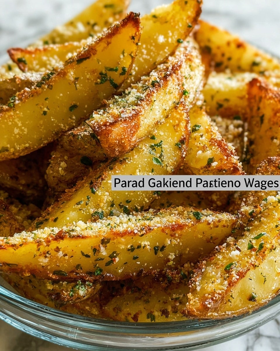 A close-up view of baked garlic parmesan potato wedges inside a clear glass baking dish, showing a single thick layer. The potato wedges are golden-brown with crispy edges and sprinkled evenly with small green herb flakes and grated parmesan cheese, adding a textured look. The wedges have a mix of pale yellow and deep brown colors from baking, with some bubbling oil spots visible. The background is a white marbled texture, highlighting the warm tones of the potatoes. photo taken with an iphone --ar 4:5 --v 7