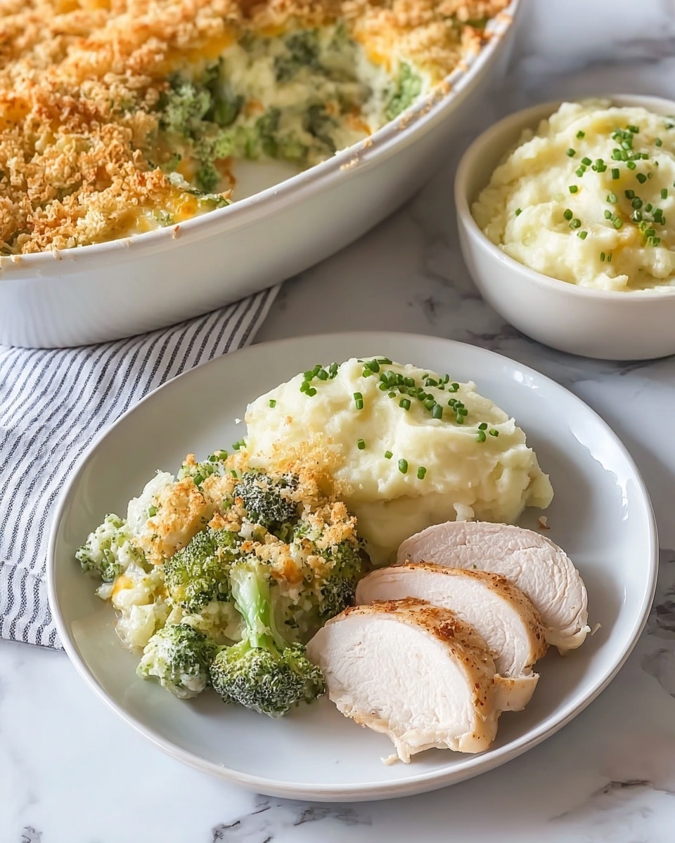 A white plate holds a meal with three main parts: first, two thick slices of cooked chicken breast showing a golden-brown outside and white tender inside, placed on the right side; second, a serving of mashed potatoes with a creamy, smooth texture topped with small green chive pieces, positioned on the left; third, a portion of broccoli casserole featuring bright green broccoli florets mixed in a creamy sauce and topped with a golden, crumbly baked crust. Behind the plate is a white casserole dish filled with the same broccoli casserole, revealing layers of green broccoli, melted cheese, and the crunchy topping. Next to it, there is a white bowl with more mashed potatoes garnished with chives, all set on a white marbled surface with a striped cloth underneath. photo taken with an iphone --ar 4:5 --v 7