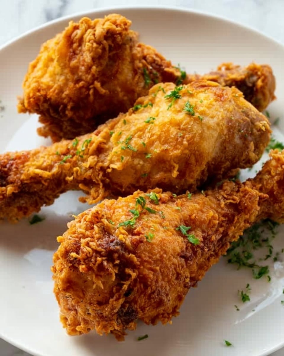 A close-up image of three golden brown fried chicken drumsticks with a crunchy, textured coating. The drumsticks are arranged on a white plate, placed on a white marble surface. Small green herb pieces are sprinkled around the chicken on the plate. Photo taken with an iphone --ar 4:5 --v 7