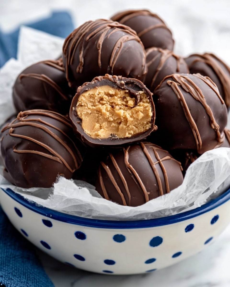 A small white bowl with blue and white polka dots holds several round chocolate balls. Each ball is covered in smooth dark chocolate with thin, shiny stripes drizzled on top. One ball is cut in half, revealing a soft, light brown peanut butter filling inside. The bowl is placed on a white marbled surface. photo taken with an iphone --ar 4:5 --v 7