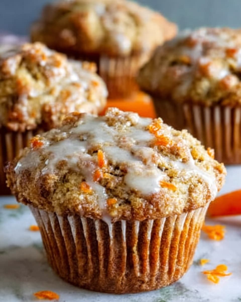 A close-up of a moist muffin in a white paper cup, speckled with pieces of orange carrot throughout. The muffin top is slightly cracked, with a shiny glaze drizzled over it, making the surface look sticky and sweet. Behind it, there are three more muffins, blurred, sitting on a white marbled texture, with small bits of carrot scattered around. The lighting shows the muffin’s rough and crumbly texture, highlighting its golden-brown color. photo taken with an iphone --ar 4:5 --v 7
