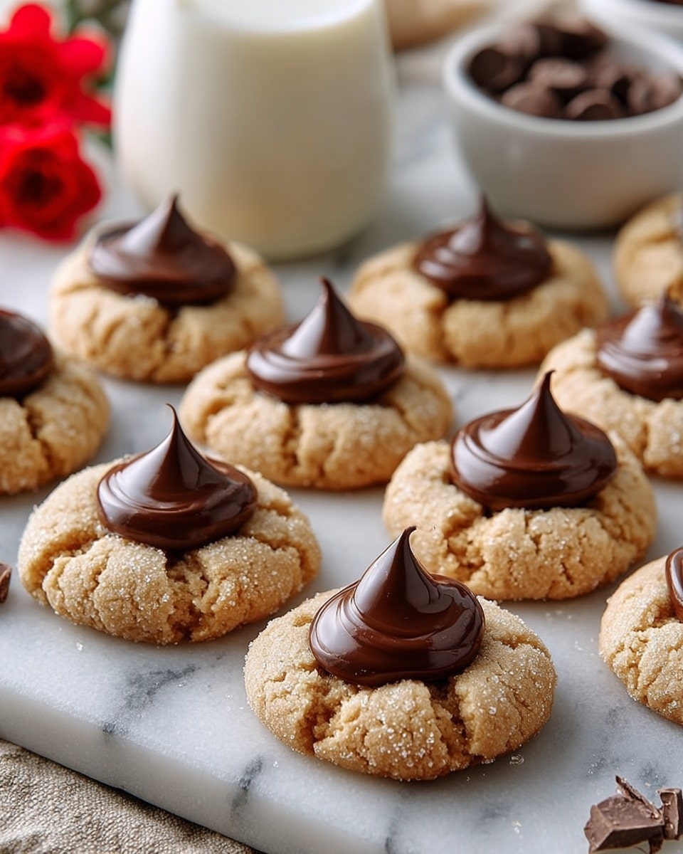 The image shows several light brown, cracked cookies arranged closely on a white marbled surface. Each cookie has one thick, shiny swirled layer of dark chocolate dollop centered on top, creating a contrast in color and texture between the crumbly cookie base and the smooth chocolate peak. The cookies vary slightly in shape but are all roughly round, with sugary sugar coating that adds a rough texture to the surface. In the blurred background, there is a white glass filled with milk, small bowls containing more chocolate, and a few small red flowers. photo taken with an iphone --ar 4:5 --v 7
