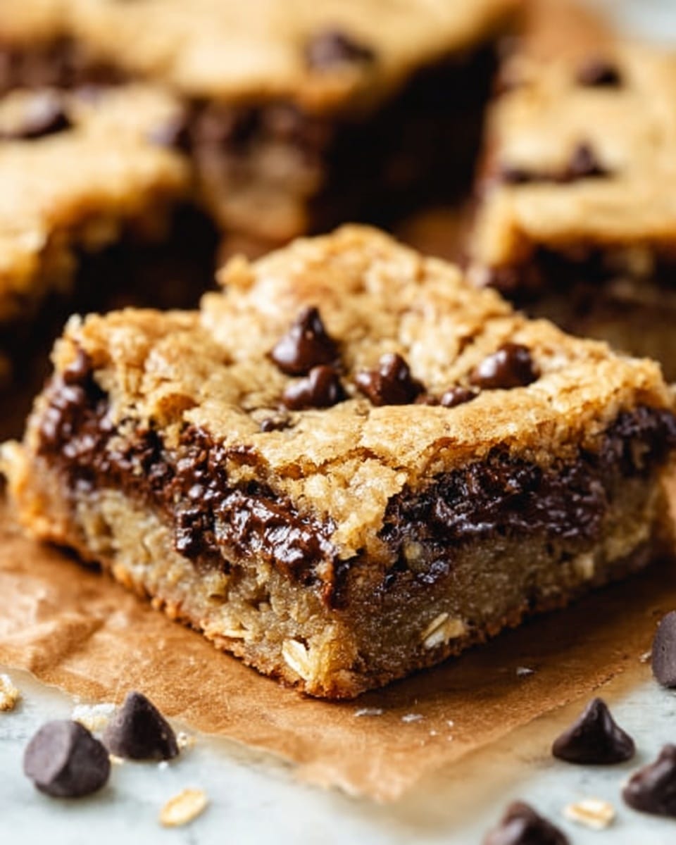 The image shows a close-up of a chocolate chip cookie bar cut into a square. The cookie bar has two main layers: a golden, slightly crisp top with a crumbly texture, and a thick layer underneath filled with melted, gooey dark chocolate chips and visible small oats, giving it a chewy look. The chocolate chips are soft and shiny, melting slightly over the edges. The cookie bars rest on brown parchment paper with some loose chocolate chips scattered around. The background has a white marbled surface that is mostly out of focus. photo taken with an iphone --ar 4:5 --v 7