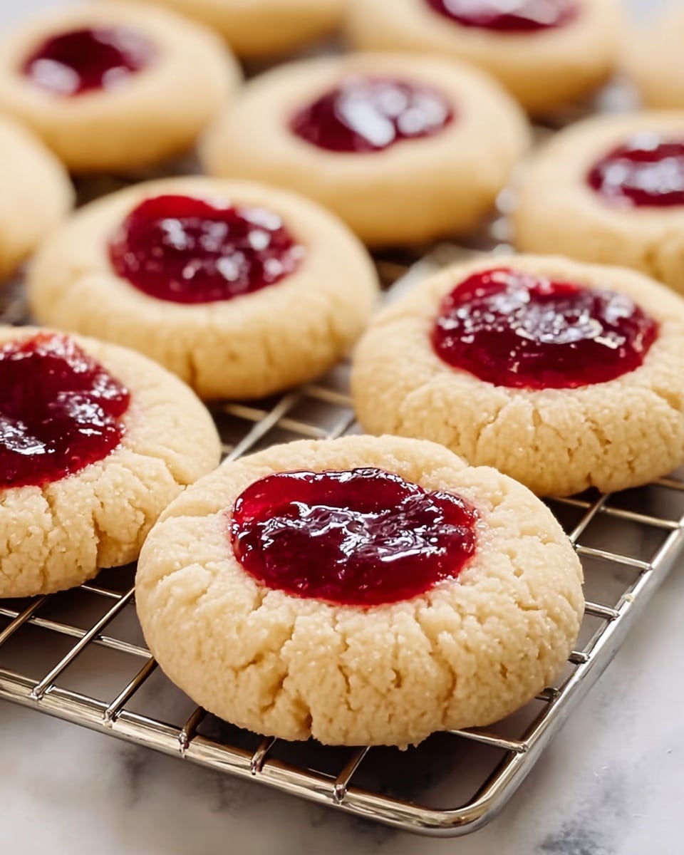 The image shows a close-up of round cookies with a single layer each. The cookies are light beige with a crumbly, soft texture. In the center of each cookie is a dollop of shiny, deep red jam that looks thick and glossy. The cookies are placed closely on a metal cooling rack, which is set on a smooth white marbled surface. The lighting highlights the glossy jam and the cracks in the cookie dough, giving a fresh and inviting look. photo taken with an iphone --ar 4:5 --v 7