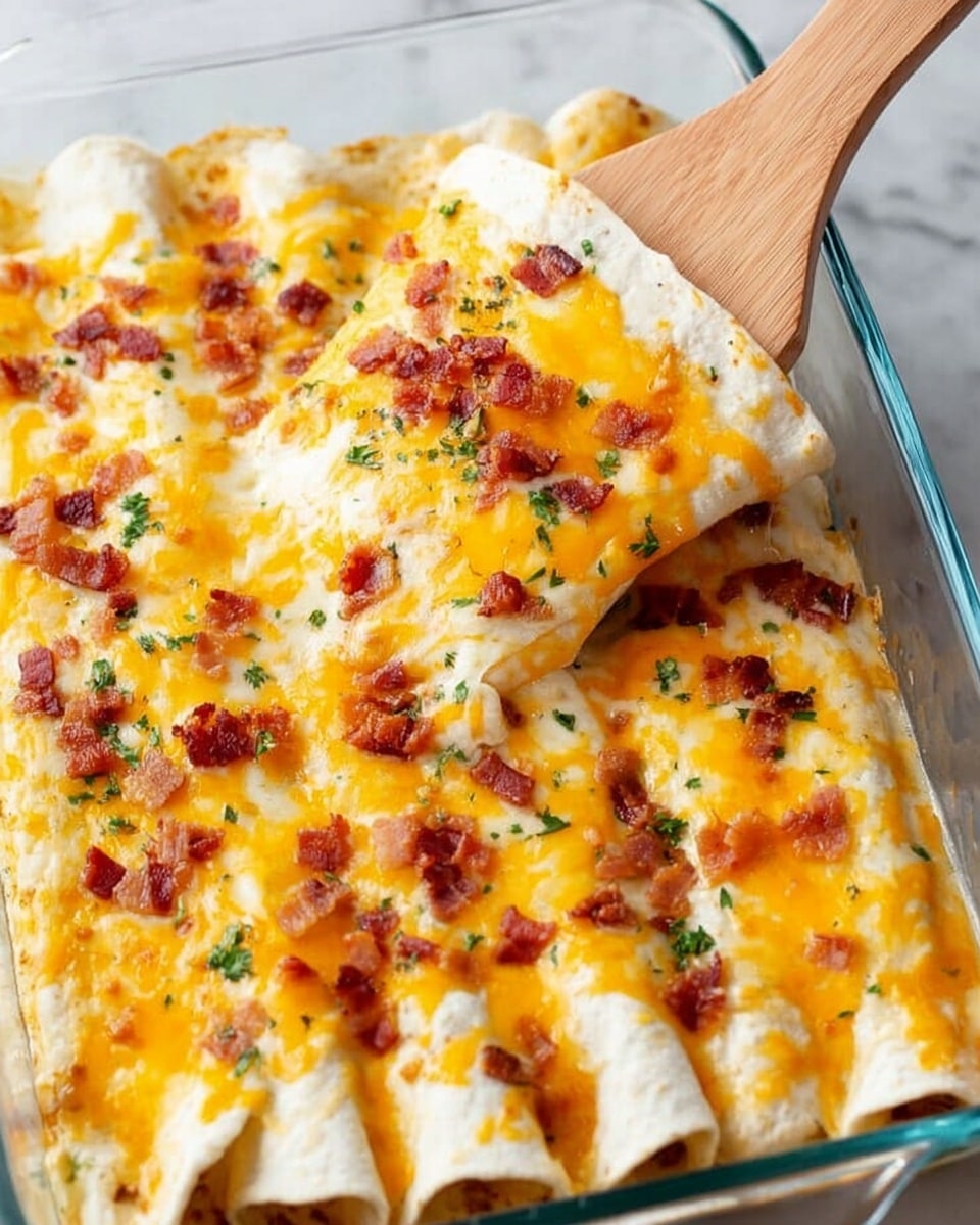 The image shows a clear glass rectangular baking dish filled with rolled enchiladas arranged side by side, covered with a melted layer of orange cheddar and white cheese on top. Small bits of crispy bacon and green parsley are sprinkled evenly over the cheese layer. A wooden spatula lifts one enchilada slightly from the dish, revealing the white tortilla wrapped around the filling. The dish is placed on a white marbled surface. Photo taken with an iphone --ar 4:5 --v 7