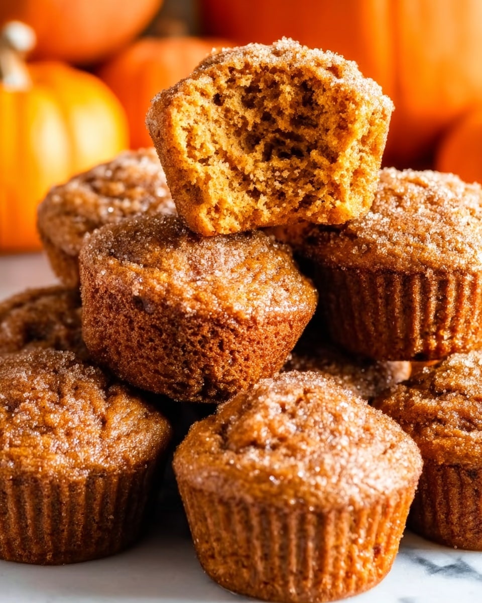 The image shows a group of pumpkin muffins stacked closely together on a white marbled surface, with one muffin on top that has a bite taken out, revealing its soft, moist orange-brown inside with a crumbly texture. The muffins have a slightly crispy, golden-brown top sprinkled with sugar crystals that add a sparkly effect. In the background, there are blurred orange pumpkins adding to the cozy fall theme. photo taken with an iphone --ar 4:5 --v 7