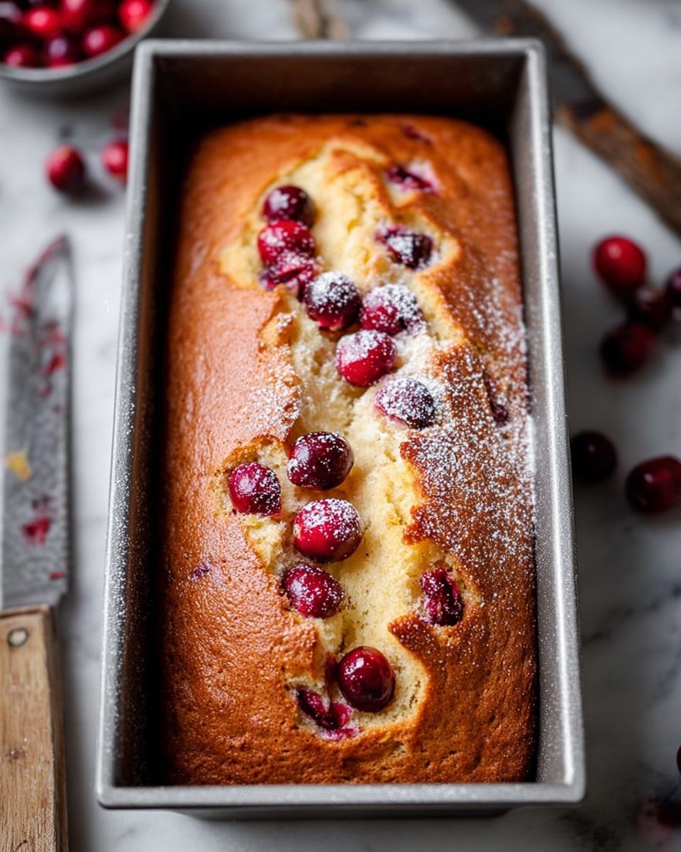 The image shows a freshly baked loaf cake in a rectangular metal pan with a cracked top exposing a soft, light yellow inside. The surface of the cake is golden brown with some areas darker from baking. Bright red cranberries are embedded mainly in the center crack line, some whole and some slightly sunken, adding pops of color. A light dusting of powdered sugar is sprinkled on top, especially around the cranberries. The pan sits on a white marbled surface with a blurred knife and scattered cranberries nearby, creating a cozy baking scene. Photo taken with an iphone --ar 4:5 --v 7