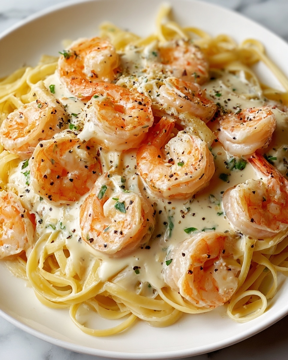 A white plate filled with creamy fettuccine noodles topped with plump, pink shrimp scattered evenly over the dish. The shrimp are covered in a thick, smooth, white cream sauce with a glossy texture. There are small bits of green herbs sprinkled across the sauce and a light dusting of black pepper on top. The noodles beneath are pale yellow and slightly glossy, visible through the sauce and shrimp. The background shows a white marbled surface. photo taken with an iphone --ar 4:5 --v 7