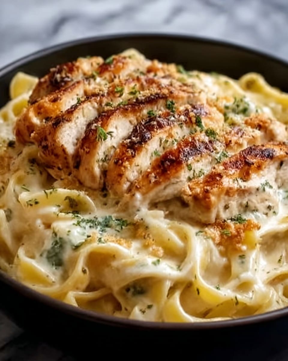 A close-up of a black bowl filled with creamy fettuccine pasta in a white sauce. On top, there is a layer of grilled chicken slices with a light brown grilled texture and some small bits of herbs sprinkled over it. The pasta beneath is thick and smooth, the sauce looks rich and creamy, with a few green herb pieces mixed in. The background shows a white marbled surface. photo taken with an iphone --ar 4:5 --v 7