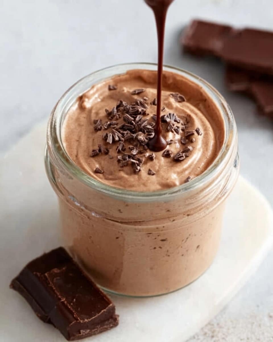 The image shows a small clear glass jar filled with smooth, light brown chocolate mousse. The mousse is creamy with a few small air bubbles on top and is sprinkled with tiny dark chocolate shavings. A thin stream of chocolate sauce is poured into the center of the mousse. The jar sits on a white marbled surface with two pieces of dark chocolate nearby. Photo taken with an iphone --ar 4:5 --v 7