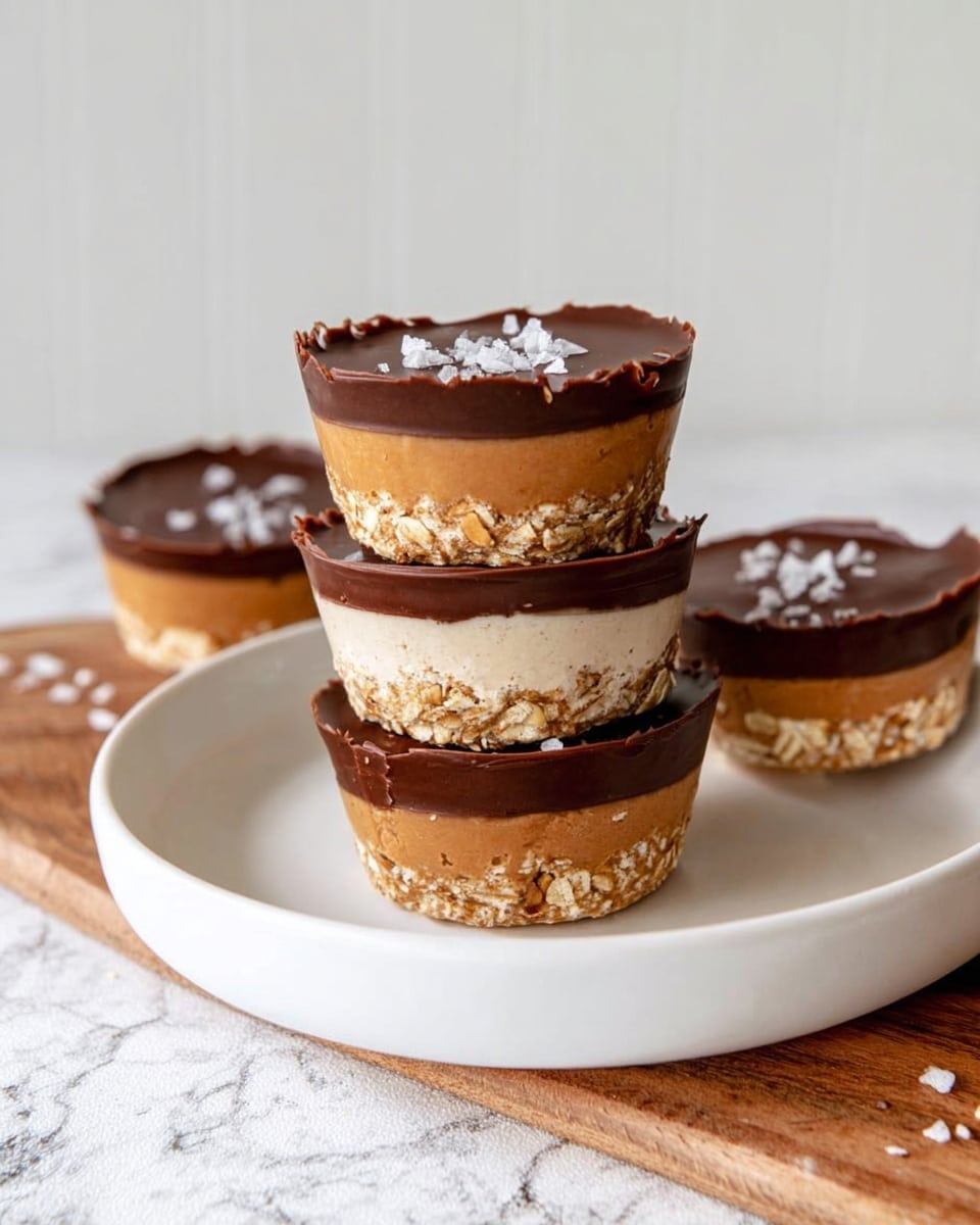 The image shows a white plate with three stacked dessert cups made of three layers: the bottom layer is golden and crunchy with visible oats, the middle layer is creamy and light brown, and the top layer is smooth and dark chocolate with coarse salt sprinkled on it. Around the stack are more of the same cups resting on the white plate, all with the same three layers visible, placed on a white marbled surface with a white wall background. photo taken with an iphone --ar 4:5 --v 7