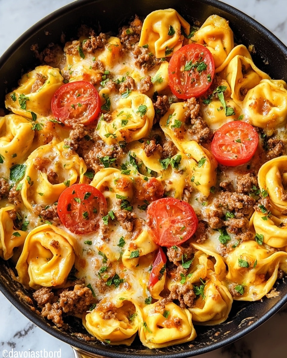 A close-up of a black skillet filled with cooked tortellini pasta in bright yellow color, layered with browned ground meat scattered evenly throughout. There are slices of red tomatoes placed on top and mixed inside, adding a splash of color. Melted cheese with a golden tint covers much of the pasta and meat, creating a smooth, slightly bubbly texture. Small green chopped herbs are sprinkled over the dish, enhancing the fresh look. The skillet is set on a white marbled surface. Photo taken with an iphone --ar 4:5 --v 7