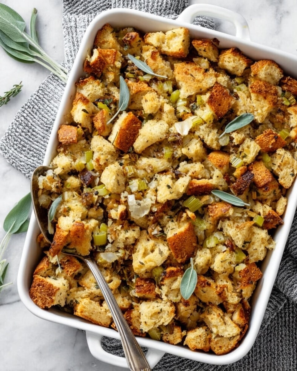 A white rectangular baking dish filled with a golden brown stuffing made of large chunks of toasted bread mixed with green celery pieces and herbs, topped with fresh sage leaves for garnish. The stuffing shows various shades ranging from light beige to darker crispy brown with a crumbly, textured surface. A silver serving spoon rests on the stuffing, scooping some out. The dish sits on a white marbled surface with a few extra sage leaves scattered nearby and a textured gray cloth partially visible. Photo taken with an iphone --ar 4:5 --v 7
