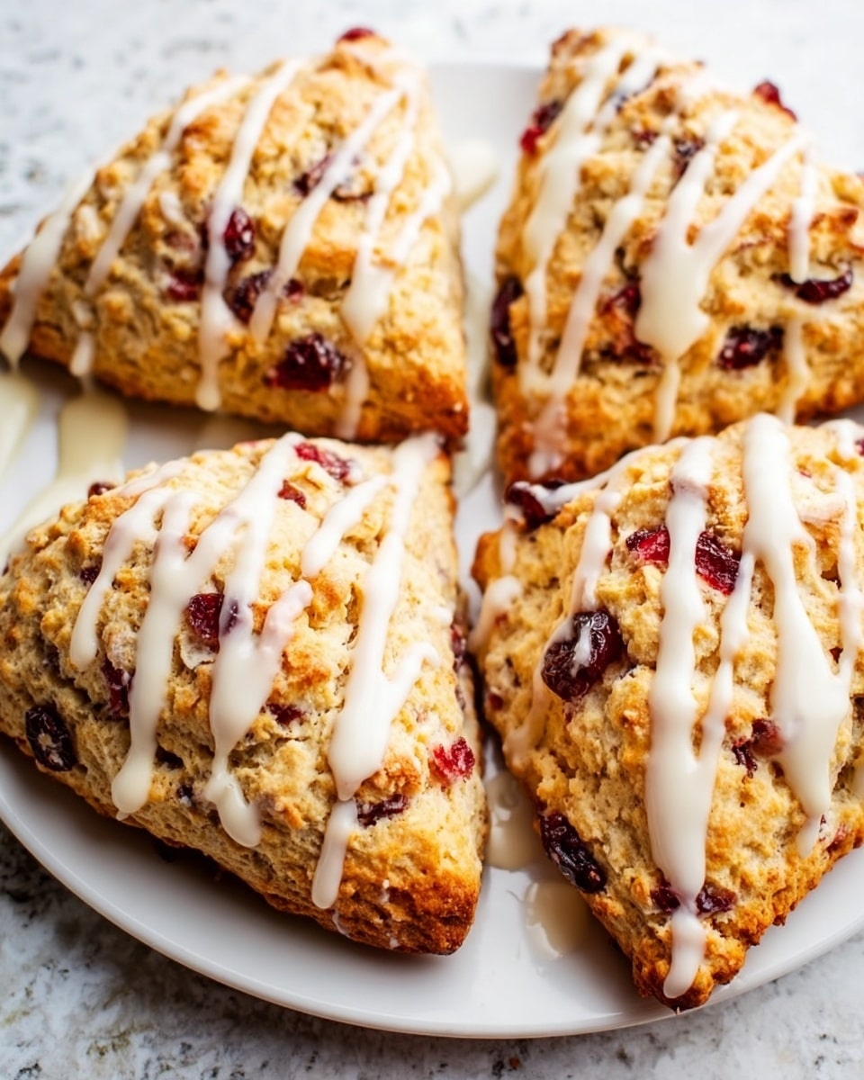 The image shows four golden brown scones arranged closely on a white plate, each scone having a rough, crumbly texture with visible dried red cranberries embedded throughout. A white glaze is drizzled unevenly over the top of each scone, some dripping slightly down the sides, adding a shiny and smooth contrast to the rough biscuit surface. The plate sits on a white marbled texture background, highlighting the warm tones of the scones. photo taken with an iphone --ar 4:5 --v 7