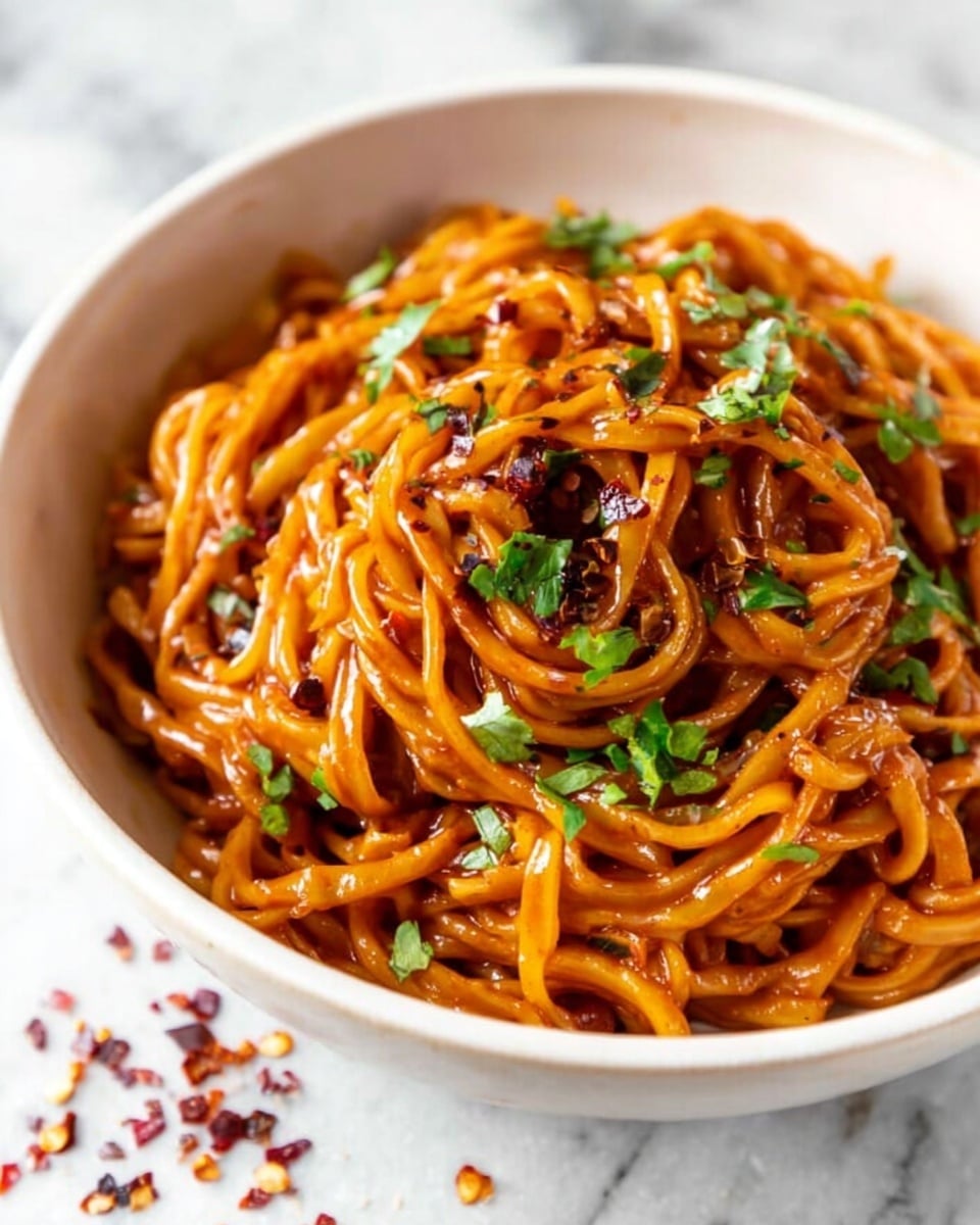 The image shows a bowl of noodles covered in a thick, reddish-orange sauce, twisted into several neat small piles inside a white bowl. The noodles look soft and coated evenly, with small bits of fresh green herbs sprinkled on top, adding a bright contrast. Tiny red chili flakes are scattered over the noodles and around the bowl, enhancing the spicy look. The bowl sits on a white marbled surface with a soft focus in the background, highlighting the food texture and colors. Photo taken with an iphone --ar 4:5 --v 7
