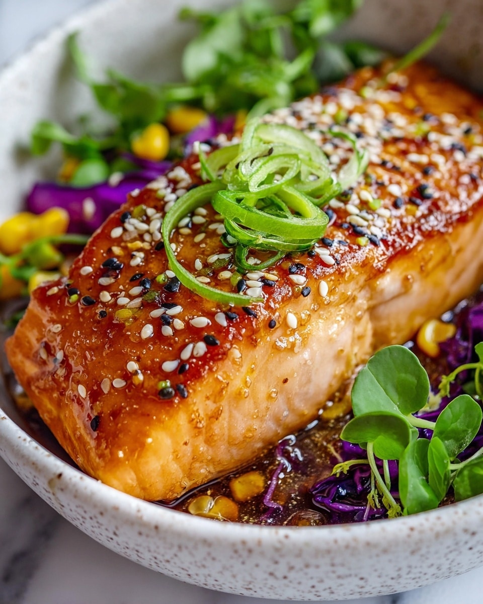 A close-up of a cooked salmon fillet in a white bowl with a speckled design; the salmon is coated with a golden-brown glaze sprinkled with white and black sesame seeds and thin slices of green onion on top. Underneath and around the salmon, there are some pieces of purple cabbage, yellow kernels, and fresh green leafy sprouts and leaves adding a fresh and vibrant touch. The texture of the salmon looks tender and moist, and the whole dish sits on a white marbled surface. photo taken with an iphone --ar 4:5 --v 7
