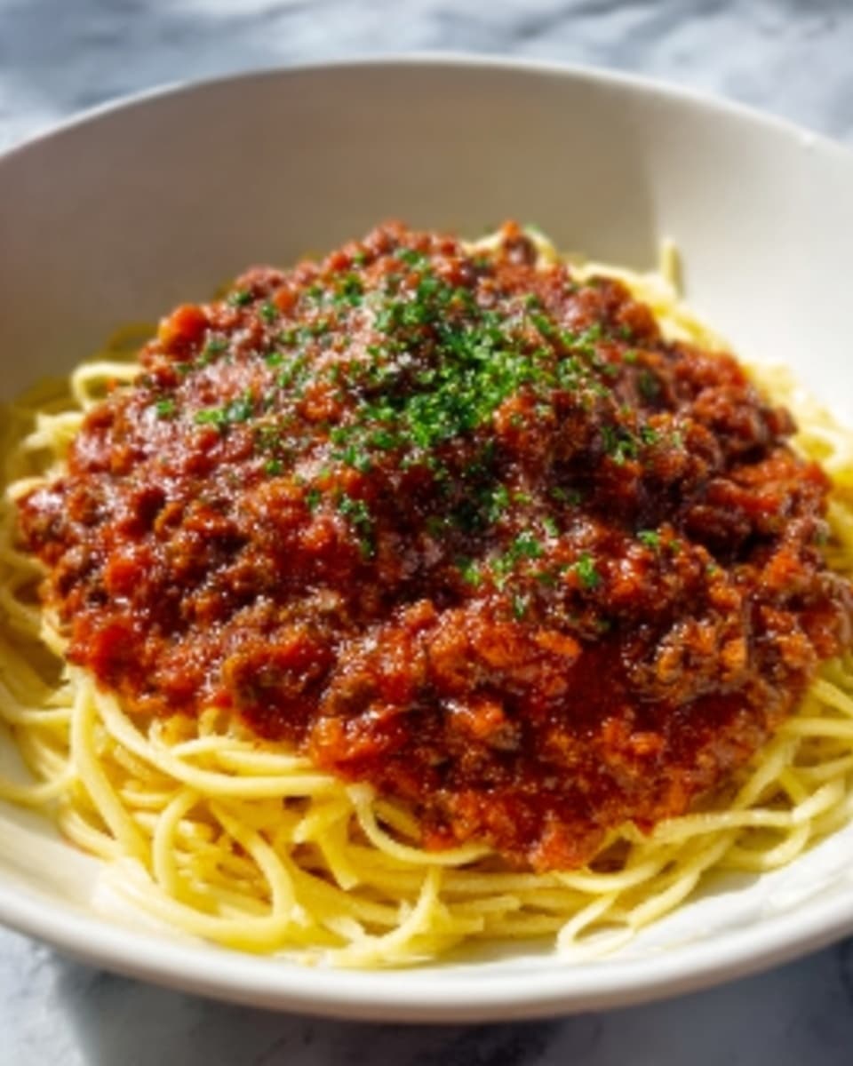 A white bowl filled with cooked spaghetti noodles arranged in a circular layer at the bottom, topped with a thick layer of chunky red tomato meat sauce with visible pieces of ground meat, sprinkled with finely chopped green herbs on top. The sauce layer is richly textured and covers most of the noodles. The bowl sits on a white marbled surface. Photo taken with an iphone --ar 4:5 --v 7
