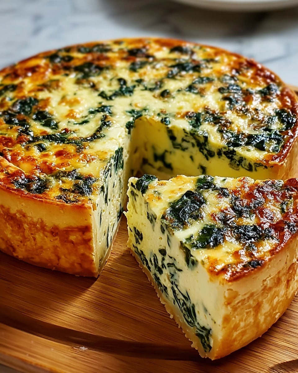 A round spinach quiche with one large slice removed, showing three visible layers: a golden-brown flaky crust on the bottom and sides, a thick pale yellow egg custard layer with scattered dark green spinach pieces, and a top layer of melted cheese with browned spots and more spinach pieces spread evenly. The quiche sits on a wooden board with a blurred white marbled texture background. The light shines softly on the glossy surface, highlighting the textures. photo taken with an iphone --ar 4:5 --v 7