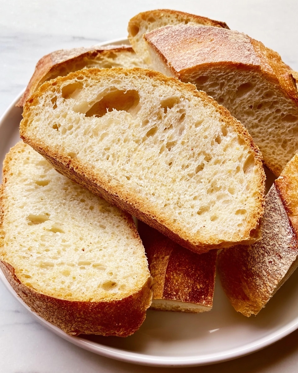 A white plate holds several thick slices of bread with a golden-brown crust and a soft, light beige inside. The bread slices are stacked and overlapping casually, showing the rough, crunchy texture of the crust and the porous, airy crumb inside. The plate sits on a white marbled surface, adding a clean and simple background to the rustic bread display. photo taken with an iphone --ar 4:5 --v 7