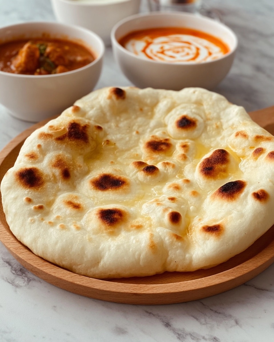 The image shows a round, soft naan bread with uneven golden brown spots on its puffy, white surface, resting on a light wooden plate. Behind the naan, there are two white bowls; one contains a reddish-brown curry with visible spices and vegetables, while the other holds a white yogurt-based sauce with a swirl of red-orange sauce on top. The whole setup is placed on a white marbled textured surface. photo taken with an iphone --ar 4:5 --v 7