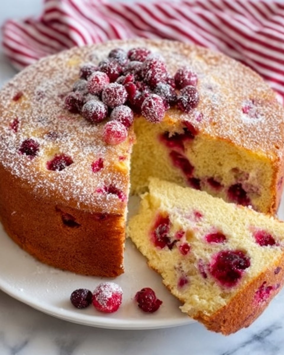 A round cake with a golden-brown top sprinkled lightly with sugar sits on a white plate. The cake has a soft, fluffy texture with visible red berries baked inside and some on top, including a cluster of frosty red berries in the center and scattered around the side. A wedge is cut out to show the inside, revealing a moist, pale yellow crumb filled with bright red berries. The plate rests on a white marbled surface with a red and white striped cloth in the background. Photo taken with an iphone --ar 4:5 --v 7