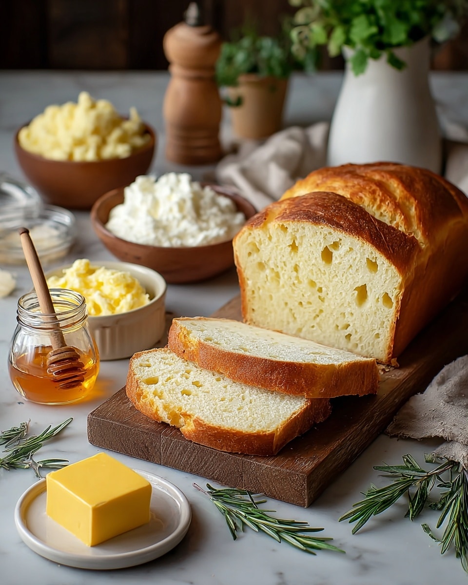 A golden brown loaf of bread sits on a wooden board with three slices cut and placed in front, showing a soft, airy white interior with small holes. Next to the board, there is a white plate holding a square of yellow butter. Surrounding the bread are small bowls filled with light yellow mashed potatoes, white flour, and white cottage cheese. To the left, there are two small glass jars of honey with wooden drizzlers inside. Fresh green rosemary sprigs are placed near the bottom of the wooden board. The background shows a blurry white vase with green herbs and other kitchen items on a white marbled surface. photo taken with an iphone --ar 4:5 --v 7