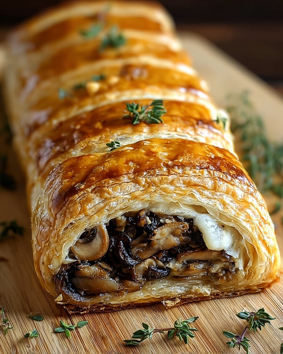 A golden-brown puff pastry roll is sliced to show layers of flaky, crispy dough on the outside, with a shiny finish and light horizontal cuts on top. Inside, there is a visible layer of sautéed mushrooms in dark and light brown shades mixed with translucent cooked onions, resting on a bed of melted, creamy white cheese. Small green thyme sprigs are placed on top for garnish. The puff pastry rests on a light wood surface with a few thyme leaves scattered around. Photo taken with an iphone --ar 4:5 --v 7