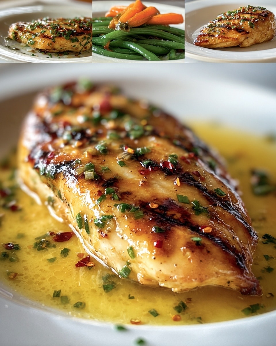 A close-up view of a juicy, golden-brown grilled chicken breast with charred grill marks, sitting in a light yellow, glistening buttery sauce sprinkled with finely chopped green herbs and small red chili flakes. The chicken is thick and tender, with a shiny, slightly sticky surface. In the blurred background, two smaller images show the dish from different angles on white plates, one focusing on green beans and roasted carrots, the other on a simple grilled chicken breast with a light sauce. The entire setup is on a white marbled surface. photo taken with an iphone --ar 4:5 --v 7