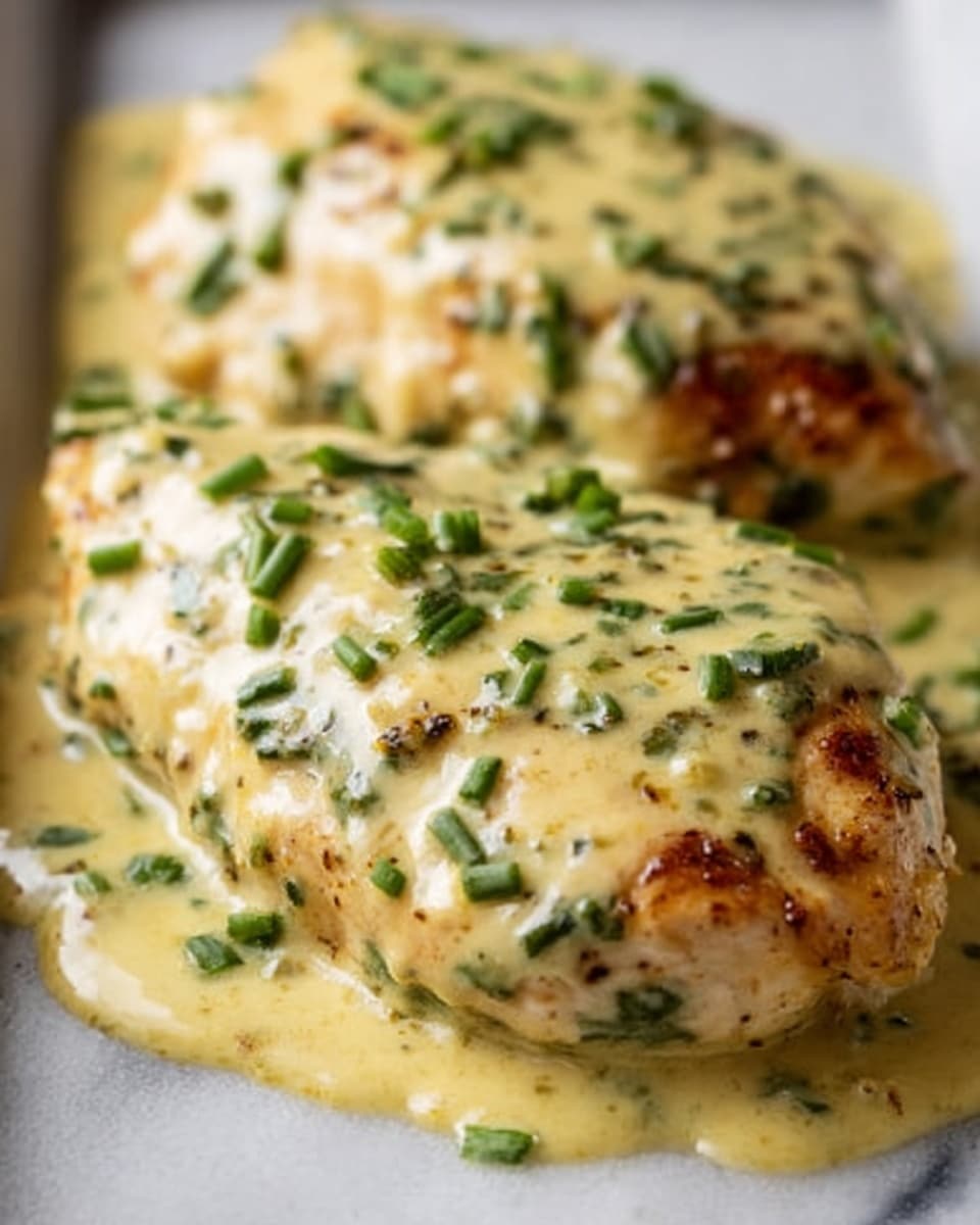 The image shows two pieces of cooked chicken breast covered in a creamy yellow sauce with bits of chopped herbs and seasoning on top. The chicken has a slightly browned, crispy surface peeking through the sauce. Small green chopped chives or scallions are sprinkled over the dish, adding a touch of fresh green color. The sauce looks rich and smooth, pooling around the base of the chicken. The background is a white marbled texture. Photo taken with an iphone --ar 4:5 --v 7