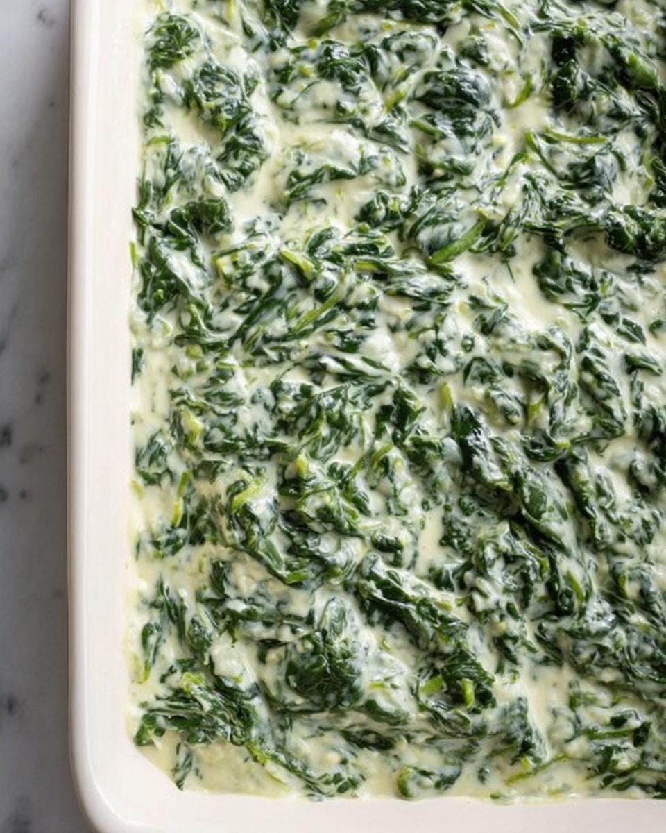 The image shows a close-up top view of a rectangular white baking dish filled with creamy spinach. The spinach is chopped into small pieces and mixed evenly with a thick white sauce that coats the green leaves, creating a textured surface with small piles of spinach throughout. The creamy sauce has a smooth consistency and slightly pools in between the spinach clusters. The dish is placed on a white marbled surface, adding a clean and simple background to the vibrant green and white colors of the food. photo taken with an iphone --ar 4:5 --v 7