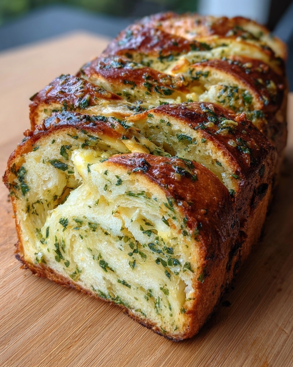 A sliced loaf of garlic bread shows many soft, pale yellow layers twisted together with green herbs throughout each layer. The outside crust is golden brown and glossy, with bits of herbs and melted cheese on top. The texture looks fluffy inside but crisp on the edges, with some melted butter or cheese visible between the layers. The loaf is placed on a wooden surface. Photo taken with an iphone --ar 4:5 --v 7